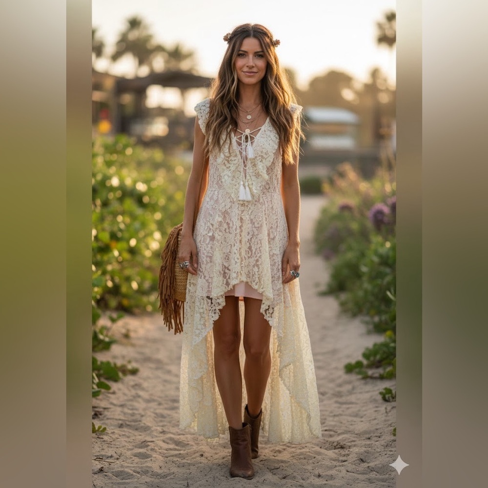 DO+BE Boho Chic Cream Lace High-Low Maxi Dress Tassel Lace-Up Wedding Guest L